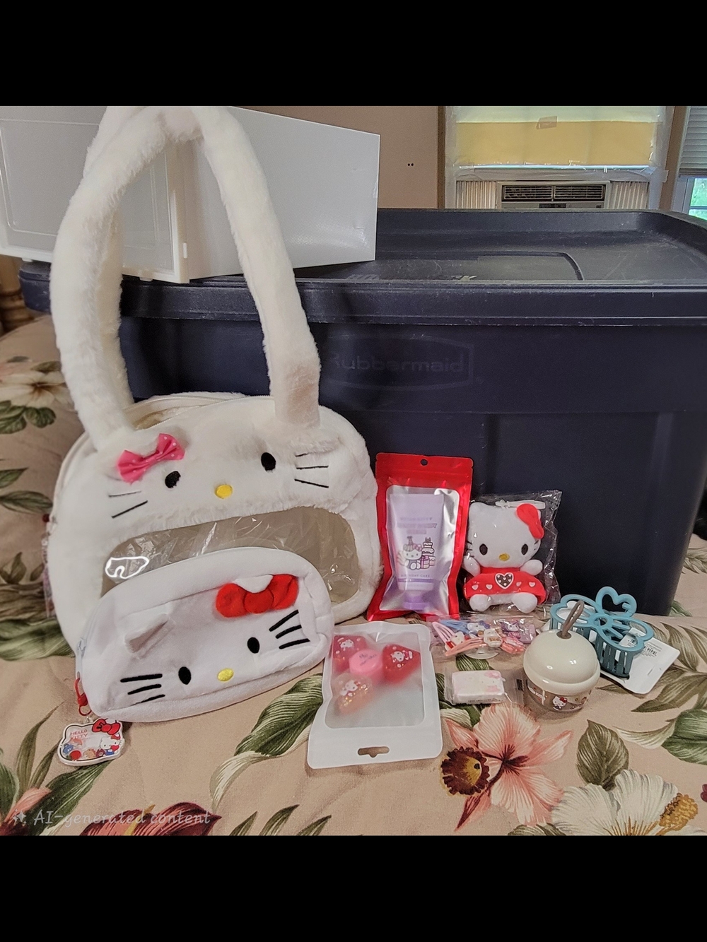 811-Hello Kitty White Plush Tote Set with Pink and Red Accents & Matching Pouch
